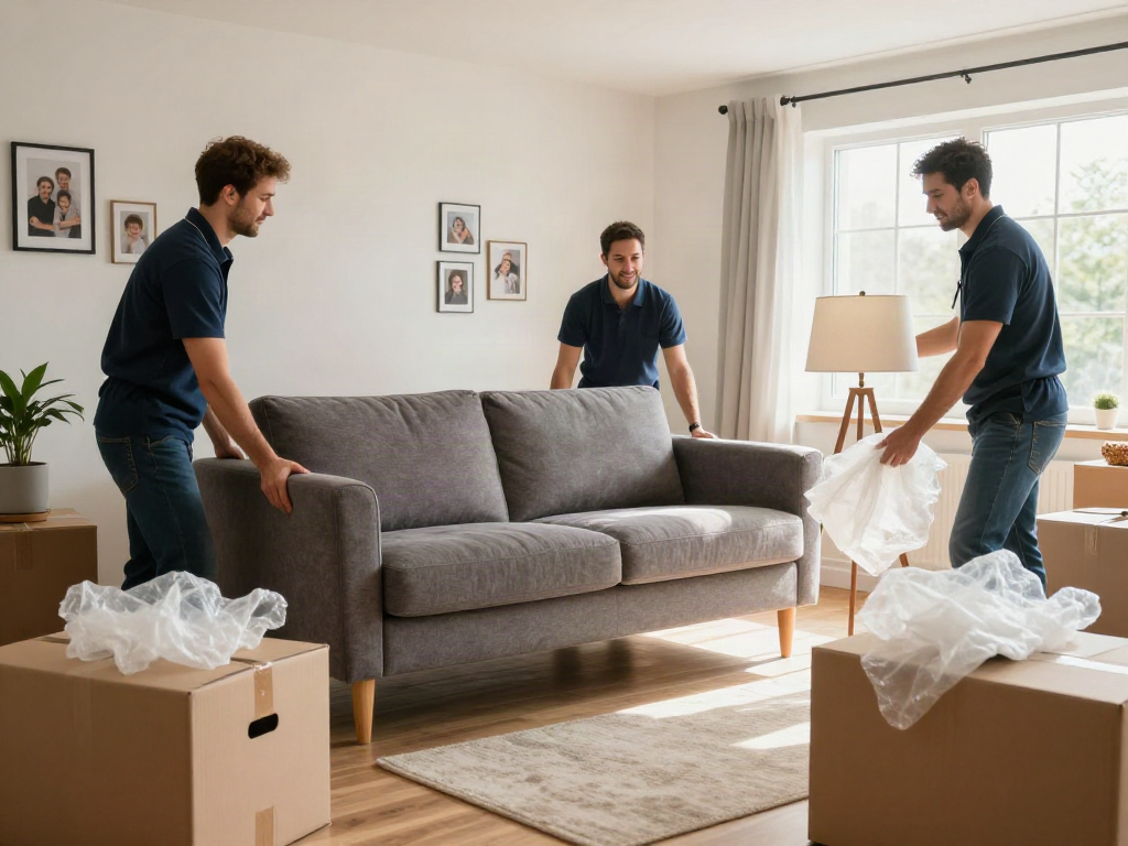 Professional movers efficiently handling furniture during a home relocation.
