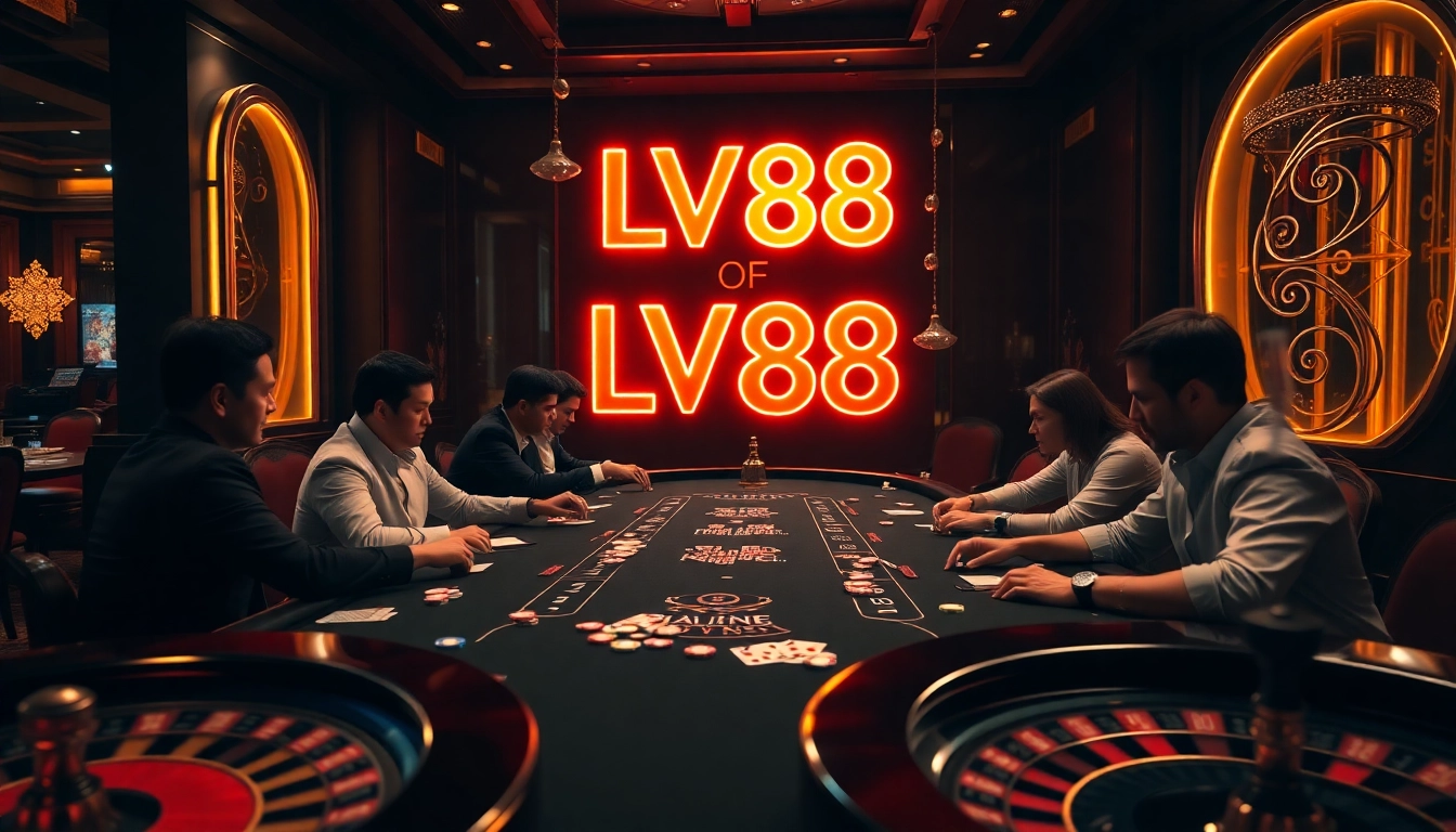 Players at a poker table surrounded by luxury, showcasing the excitement of LV88 gaming.