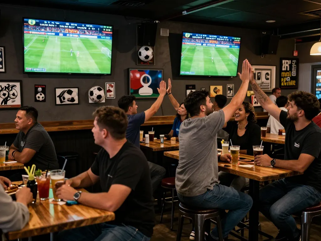 Cakhia tv users enjoying live football betting in a lively sports bar atmosphere