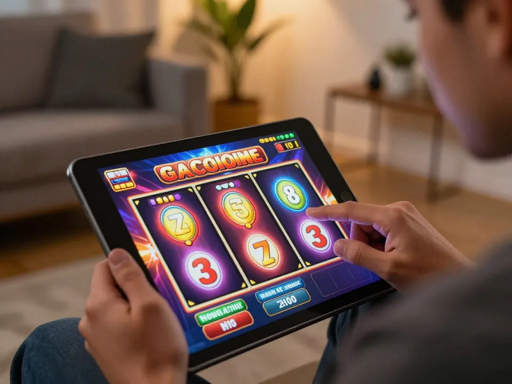 Player engaging with a SLOT GACOR game on tablet, showing vibrant graphics and excitement in a cozy setting.