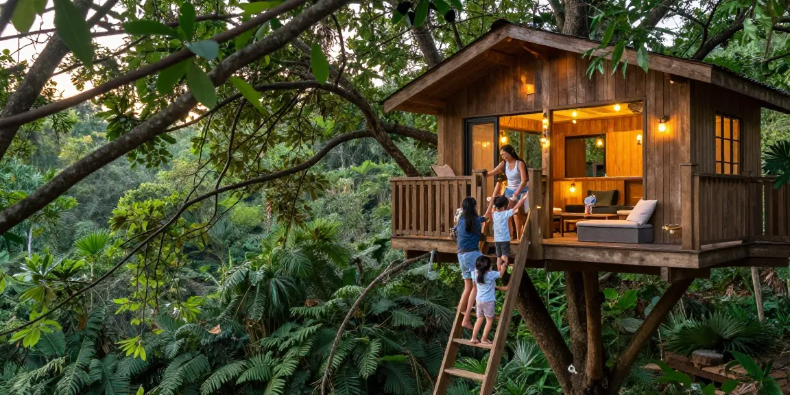 Family enjoying time in charming treehouses surrounded by lush greenery.