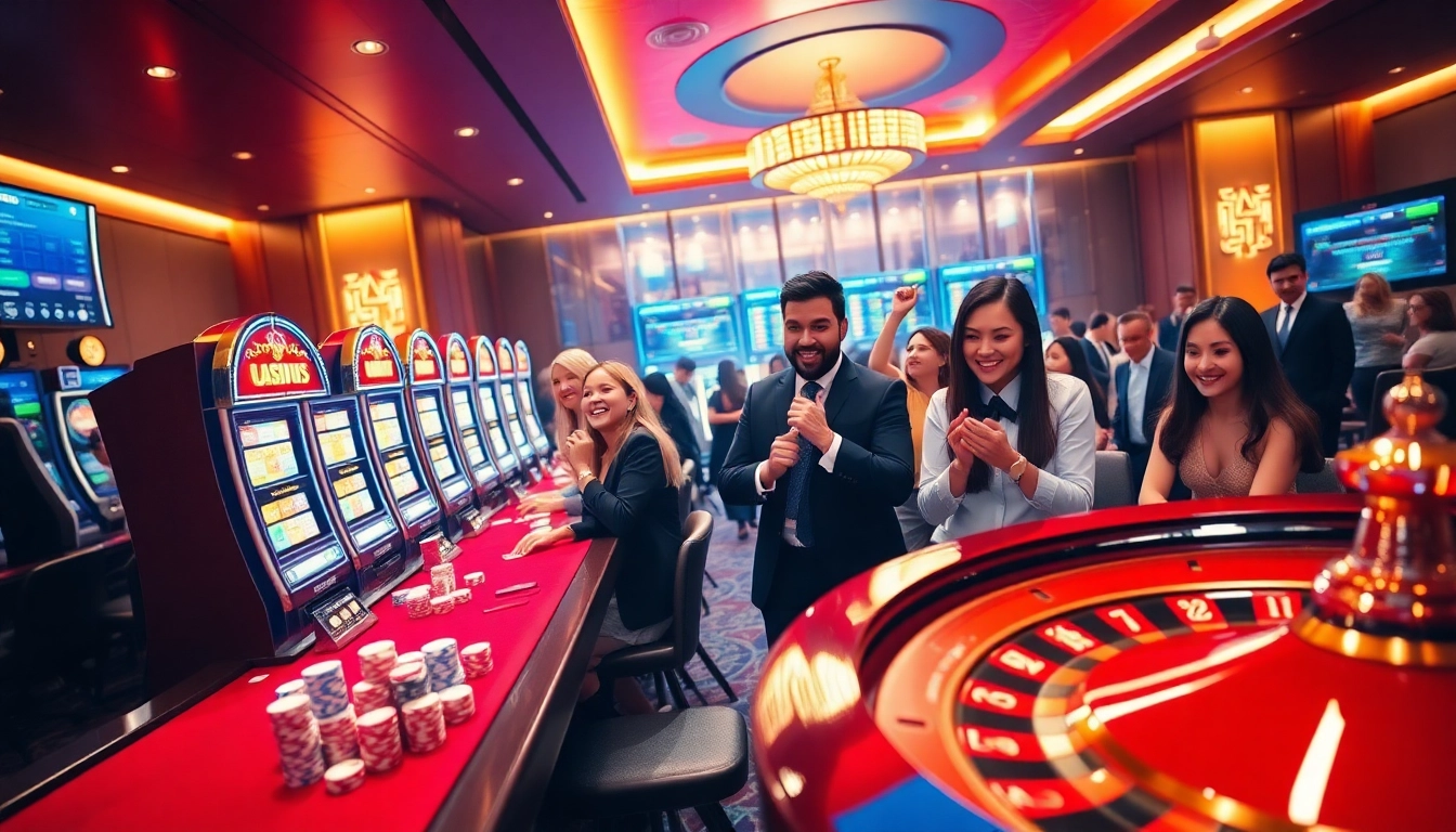 Players enjoying an engaging i9bet casino experience with vibrant tables and dynamic gambling action.