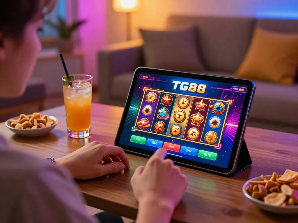 Person engaging with the TG88 casino app on a tablet, showcasing colorful slot gameplay.