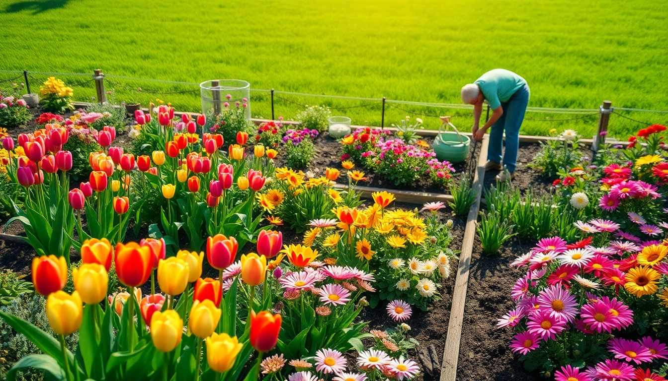 Engaging gardener in a blooming garden showcasing effective Gardening strategies with vibrant flowers.