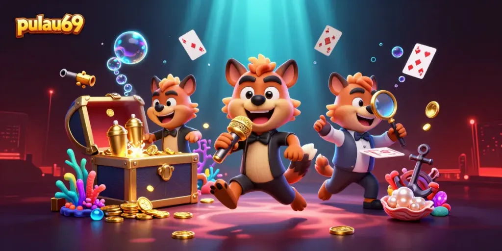 Enjoy the excitement at pulau69 casino with lively hyenas in a vibrant 3D illustration!