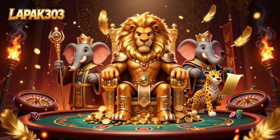LAPAK303 showcases an exciting live casino scene featuring a lion king, elephant advisor, and cheetah messenger amidst gold and vibrant gaming elements.