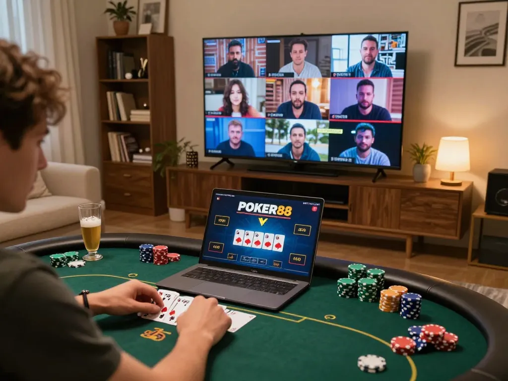 Engaging player enjoying POKER88 poker game on a laptop in a cozy home setting.