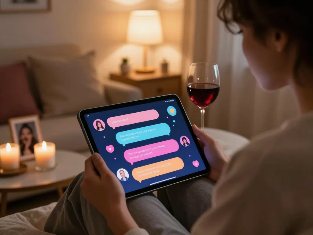 Sexting AI conversation display on a tablet in a cozy, intimate setting with playful digital elements.