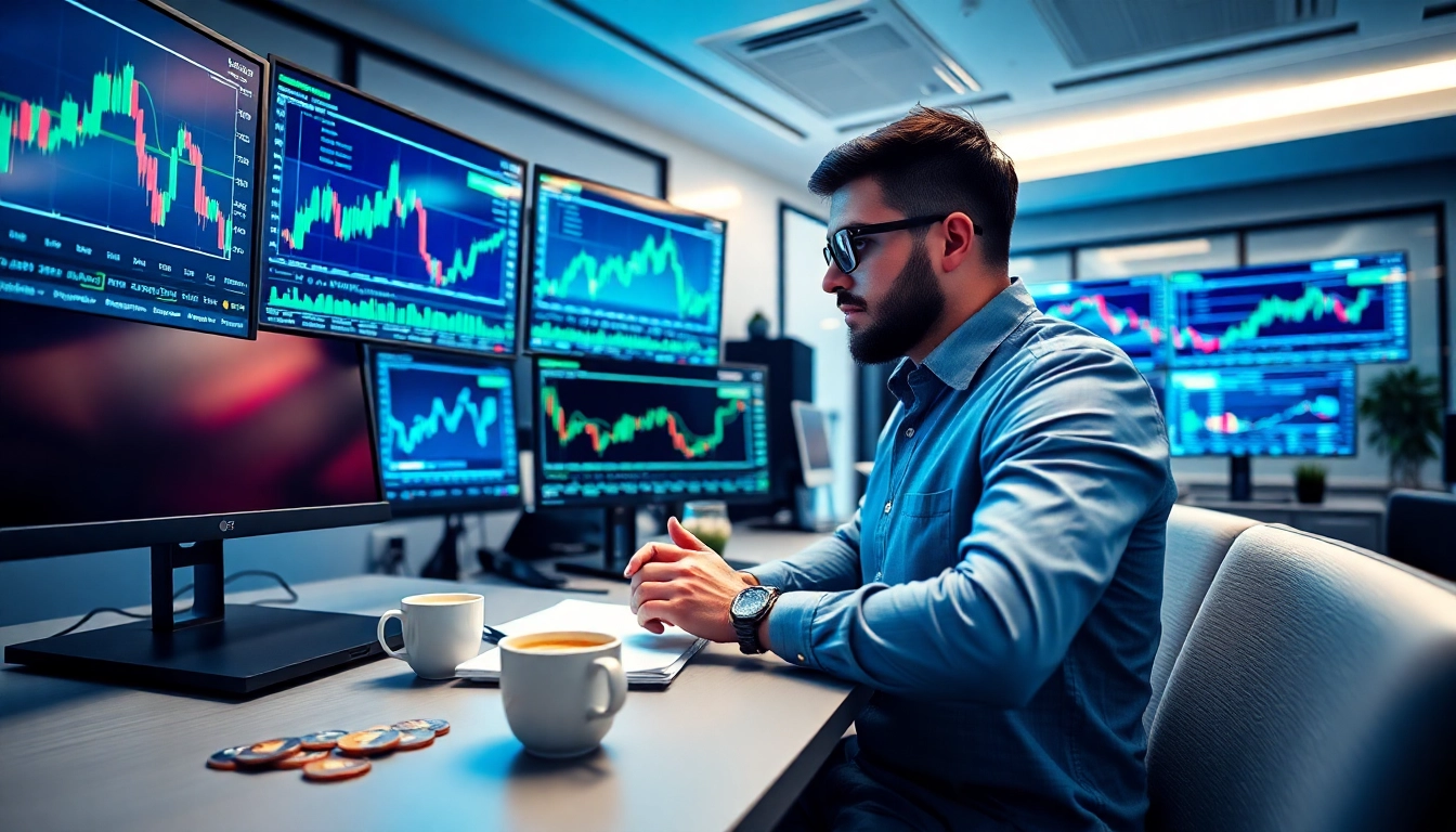Engaged trader utilizing tools for Free AI-Powered Crypto Quant Trading in a modern office.