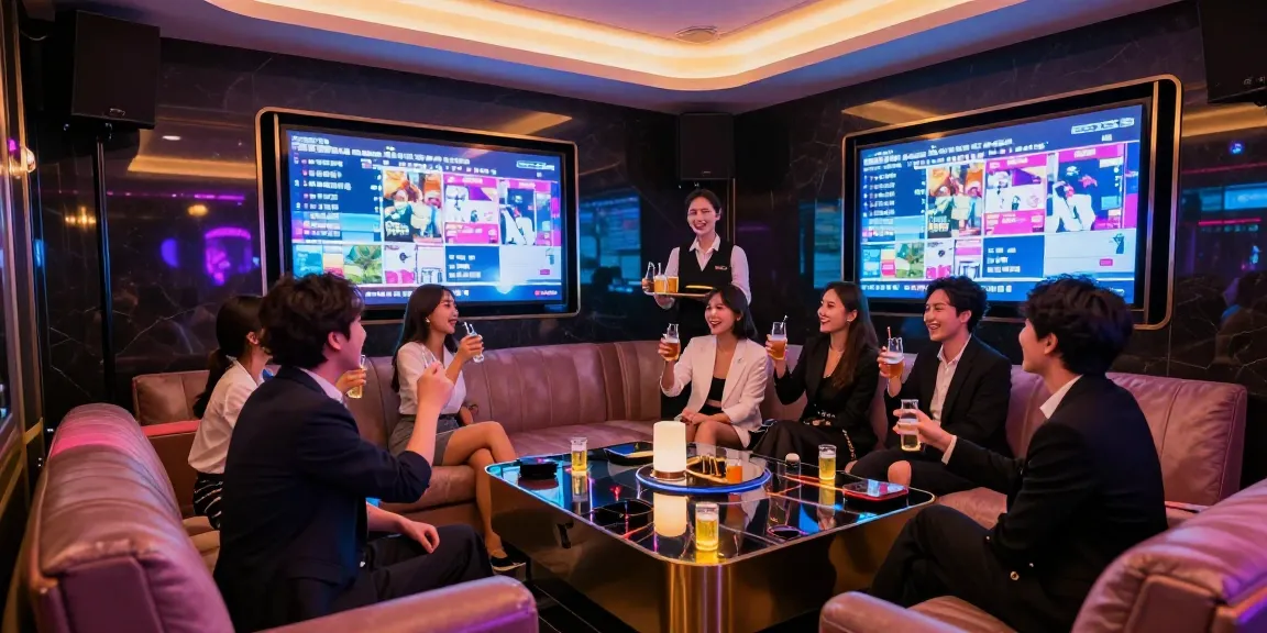 강남가라오케에서 친구들과 함께 즐거운 시간을 보내는 모습, 고급스러운 분위기와 화려한 조명.