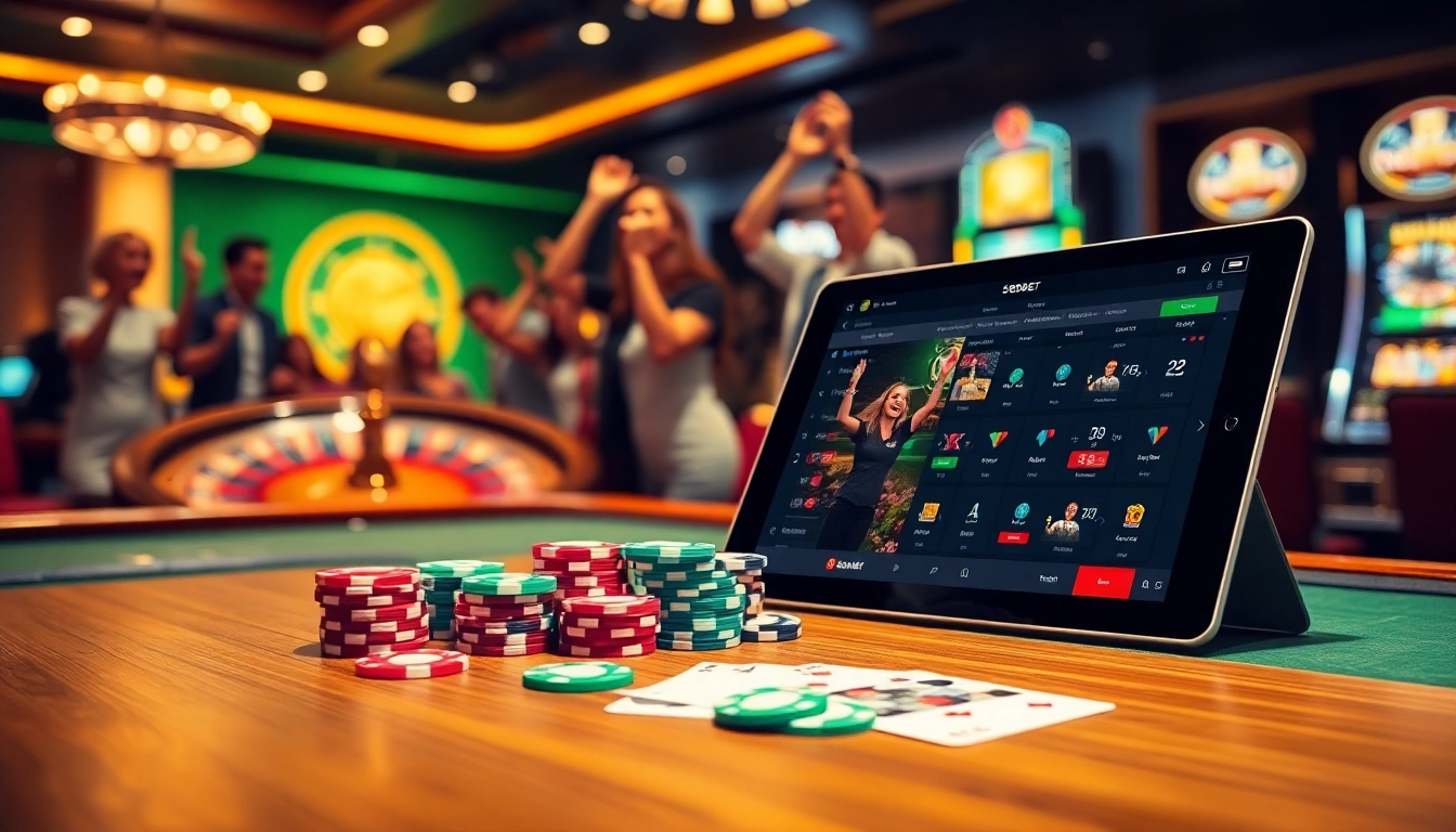 Experience sbobet online betting alongside vibrant casino elements, winning chips, and exciting players.
