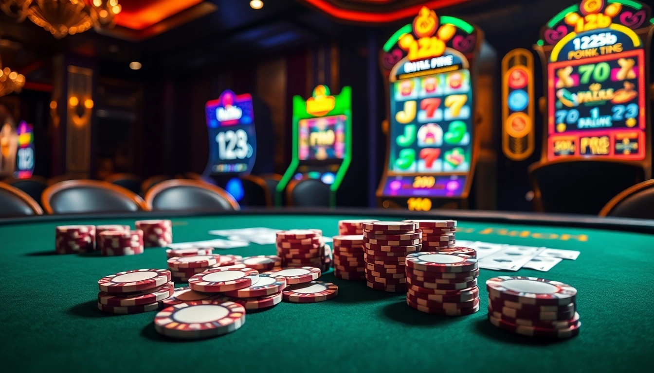 Experience the excitement of gambling at 123b with a luxurious poker table and vibrant slot machines.