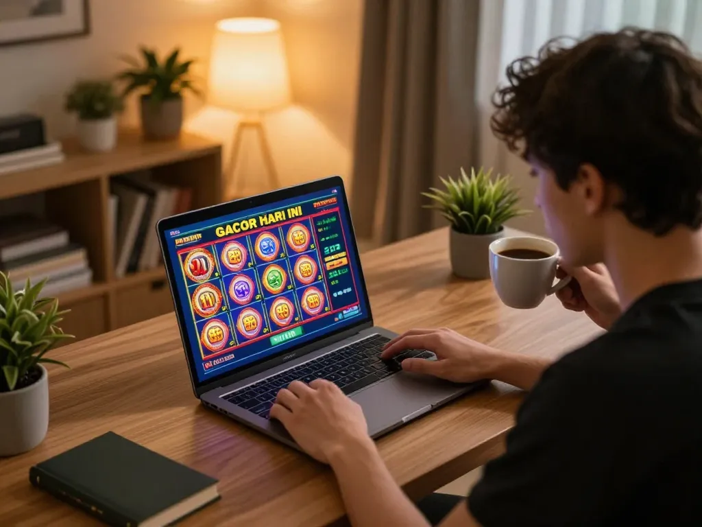 Engaging in slot gacor hari ini online gameplay with a cozy home atmosphere.
