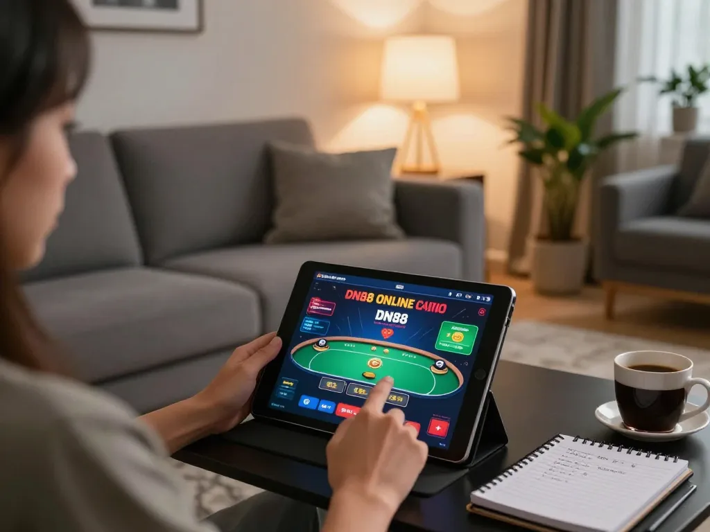 Engaged player using DN88 on tablet at home with immersive gambling setup.