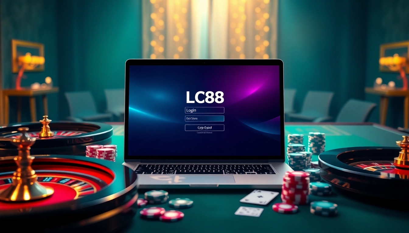 lc88 đăng nhập on a laptop surrounded by colorful casino elements like poker chips and cards
