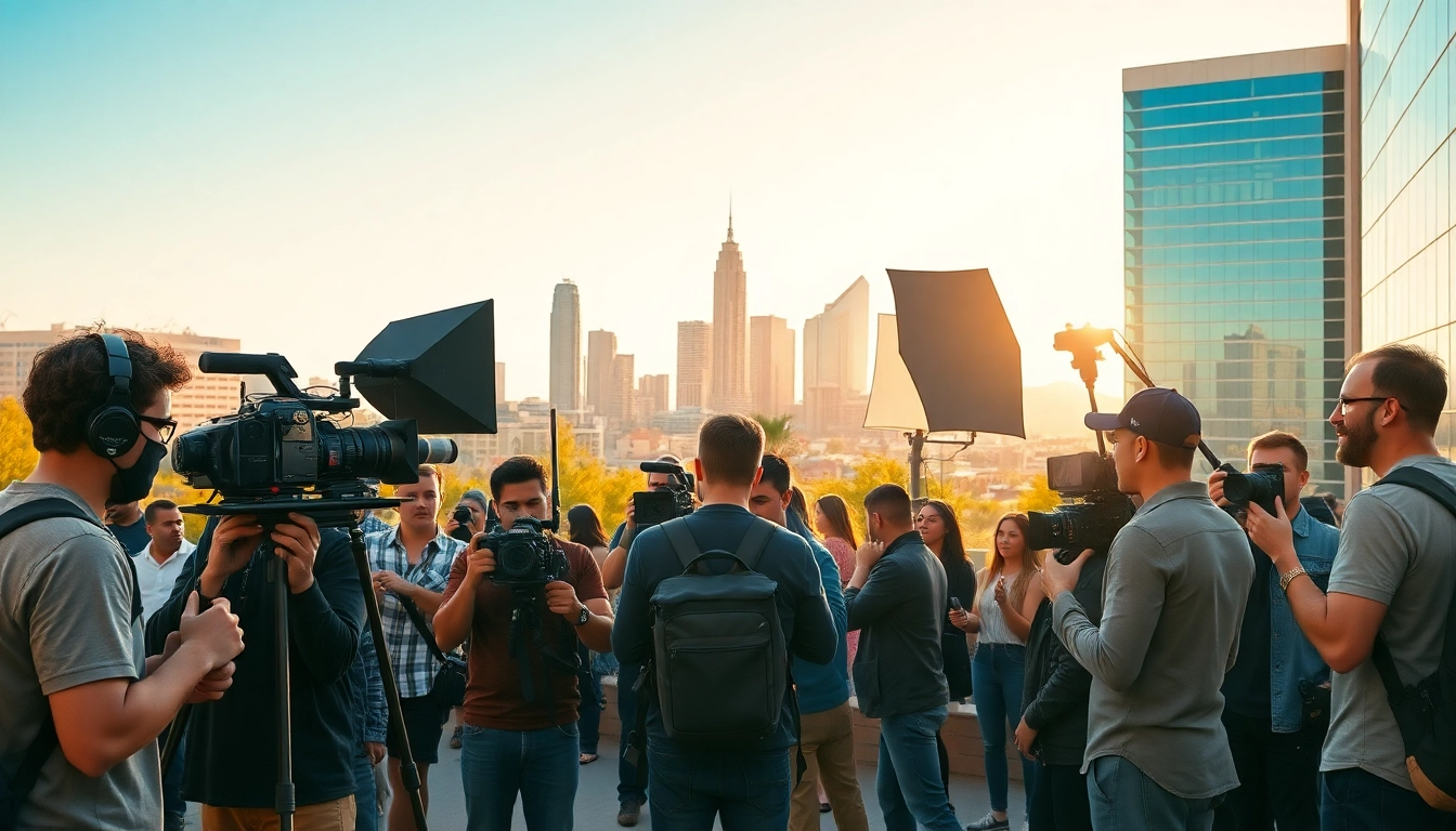 Engaged crew filming at a leading Video Production Company Phoenix, showcasing dynamic urban scenery.