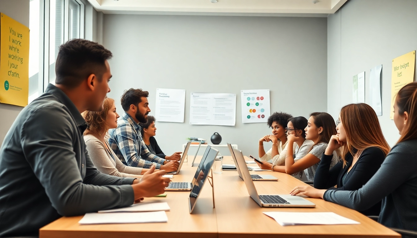 Engaged participants in a workforce development training session in a modern setting.