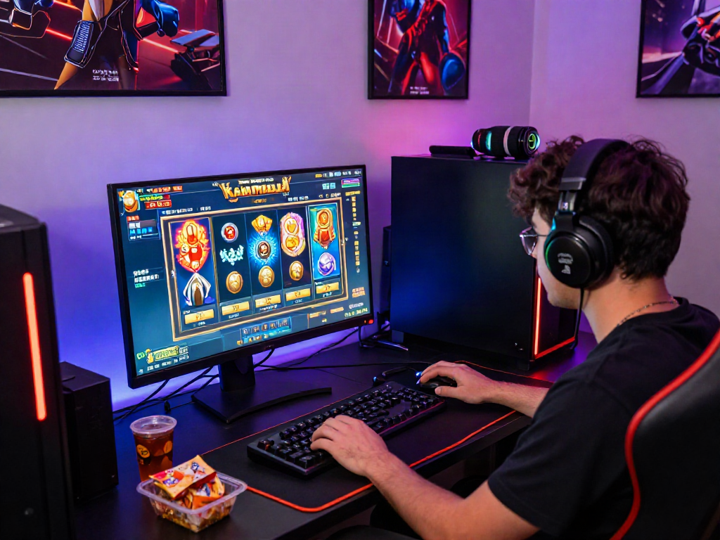 Engaging player experiencing slot server kamboja on a vibrant gaming setup, highlighting immersive online gaming.