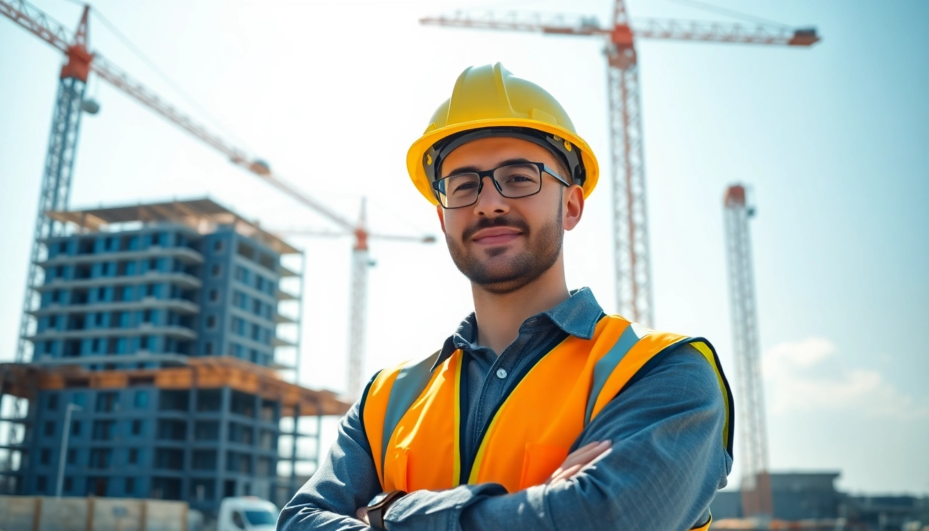 Careers in construction showcasing a professional worker at a busy construction site.