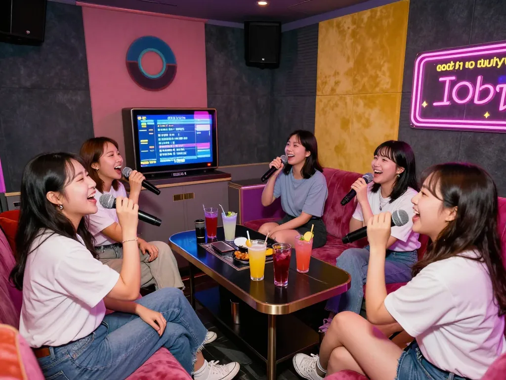 활기찬 개인 방에서 3no.org/bupyeong에서 노래방을 즐기는 친구들.