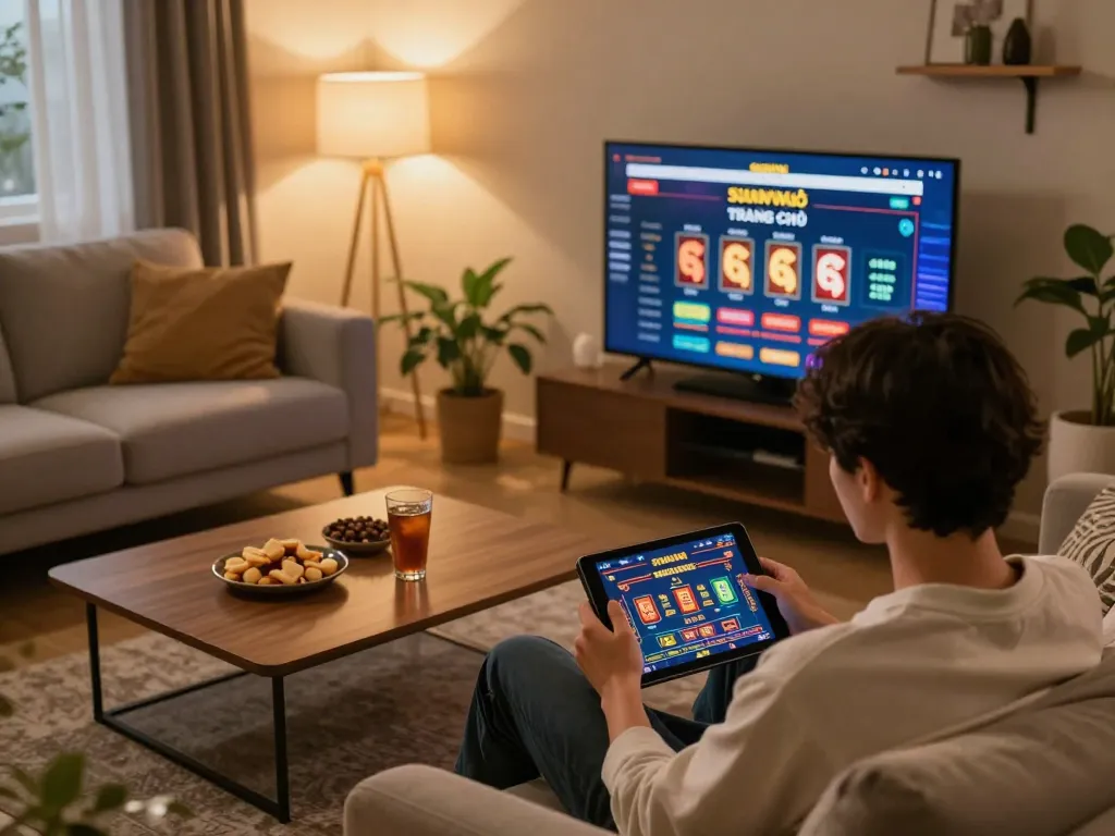 Engaging gameplay on SUNWIN TRANG CHỦ showcased in a cozy home setting, player enjoying online casino experience on tablet.