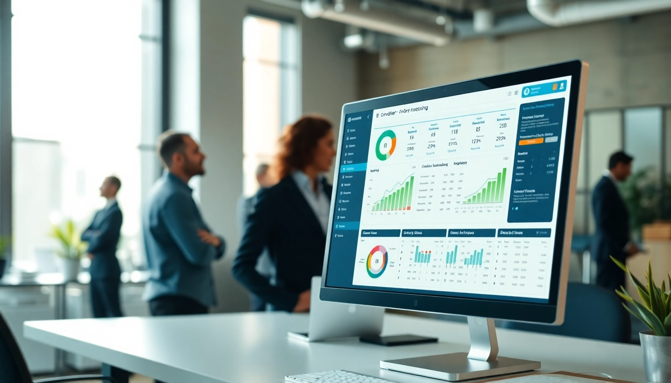 Enhance order processing software efficiency with a high-tech interface in a collaborative office.