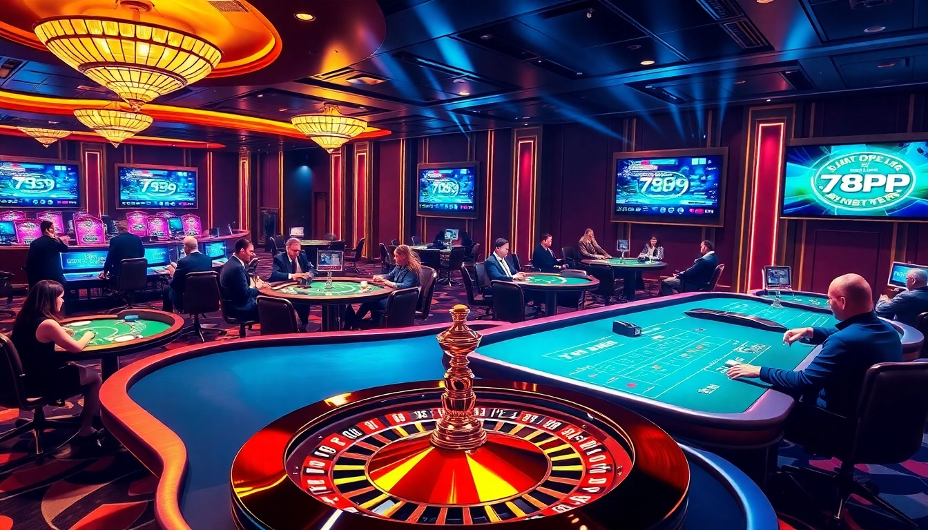 Engage in thrilling gaming at 789PP with vibrant casino tables, poker chips, and roulette wheels.
