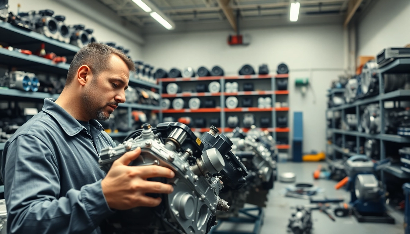 Analyzing used engines in a vibrant automotive workshop.