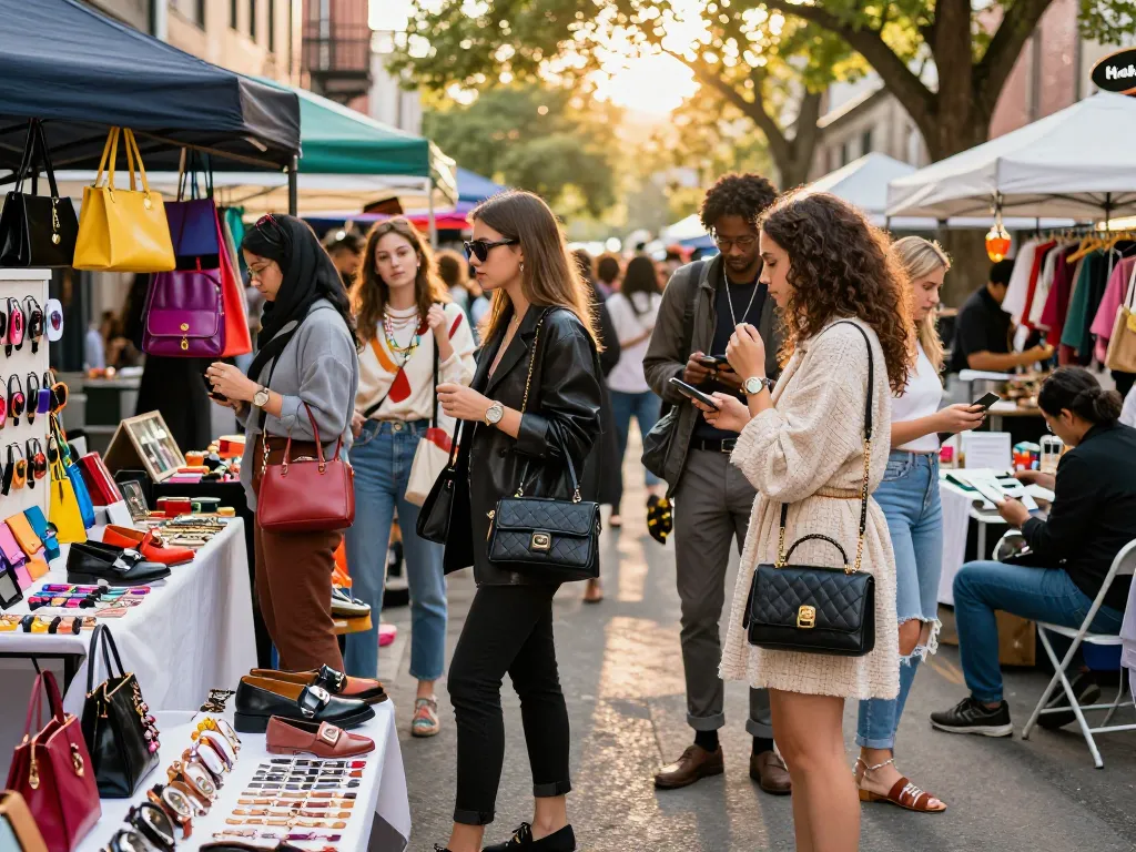 Stylish individuals exploring an outdoor market for 레플리카 fashion accessories in vibrant urban setting.