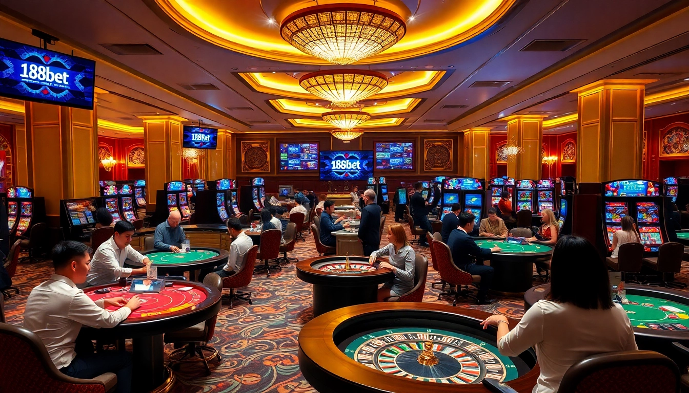 Exciting gameplay at the 188bet nhà cái, showcasing luxury and engagement in an upscale casino setting.