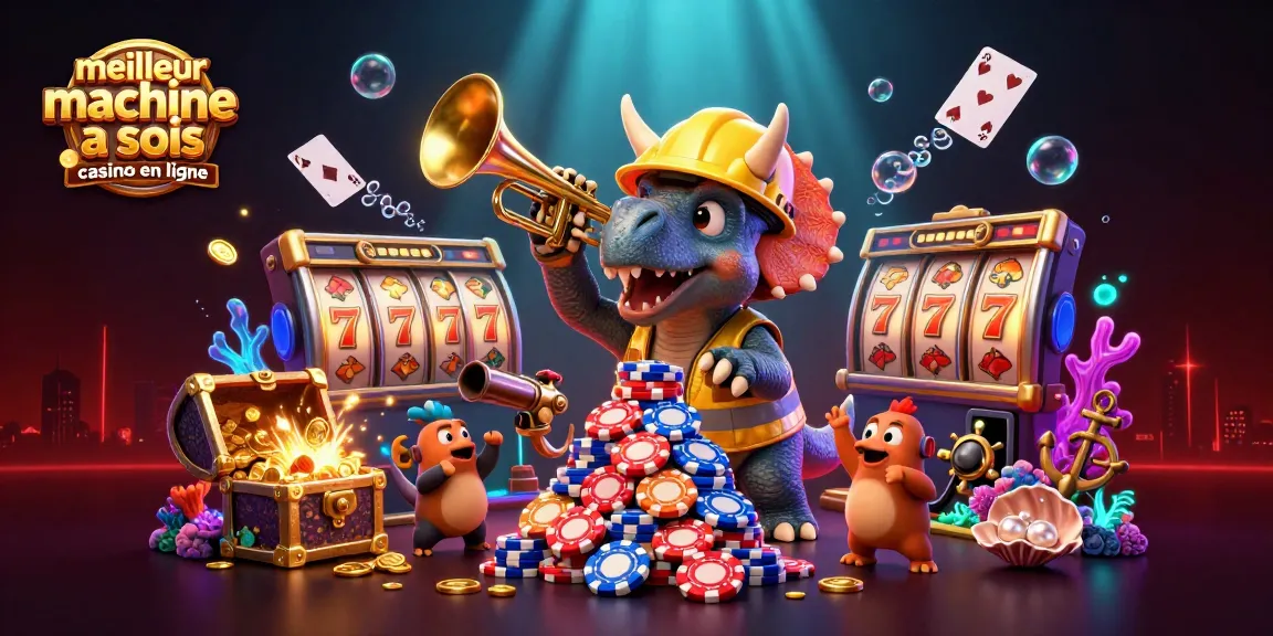 Des héros de jeu célébrant avec la meilleure machine à sous casino en ligne parmi les jetons et les rouleaux.