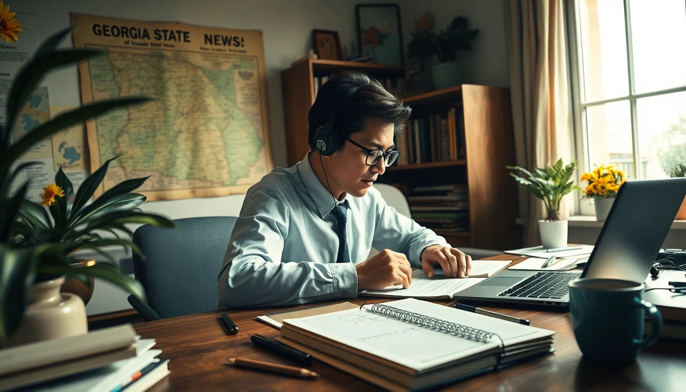 Thegeorgiasun showcases a dedicated journalist at a news desk surrounded by Georgia state artifacts.