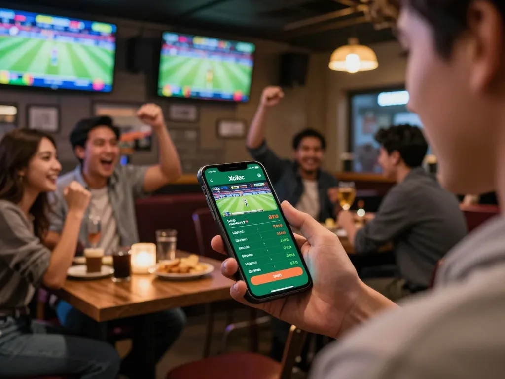 Xoilac app user's excitement while betting on live sports in a festive sports bar atmosphere.
