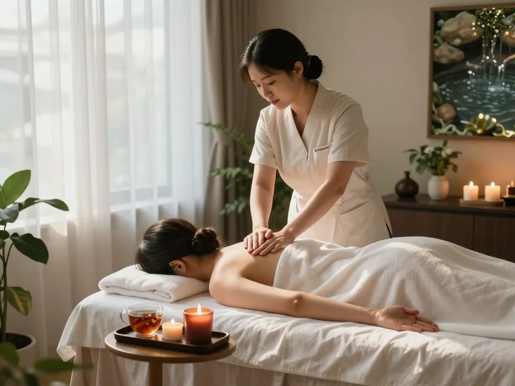 조용한 스파룸에서 스웨디시 마사지를 제공하는 치료사와 함께한 삼산동마사지의 치유적인 분위기.