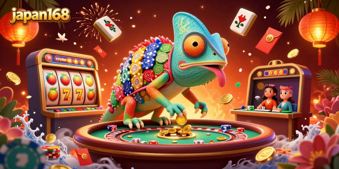 Engage with japan168's vibrant casino scene featuring a dynamic chameleon owner among slot games and classic elements.