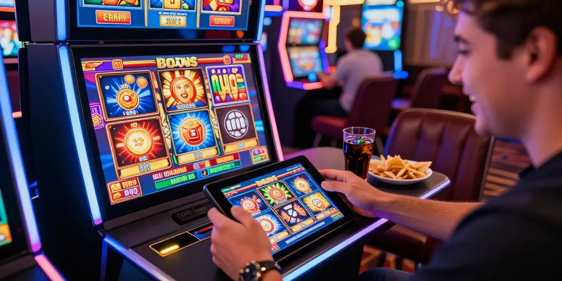 Player enjoying buy the bonus slots on a tablet in a lively online casino setting, showcasing colorful slot graphics.
