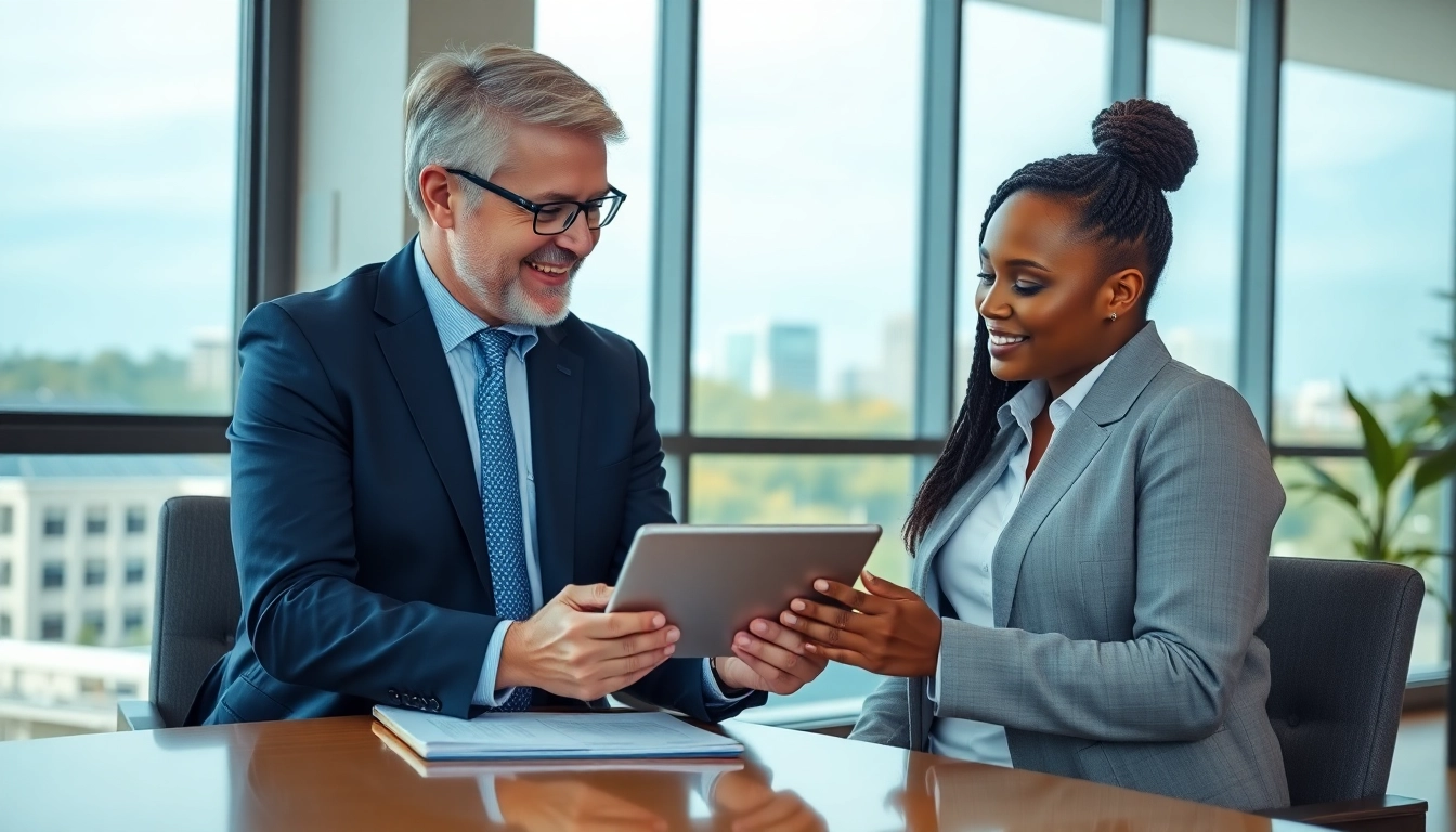Engaged financial advisor reston va consulting diverse couple in modern office.