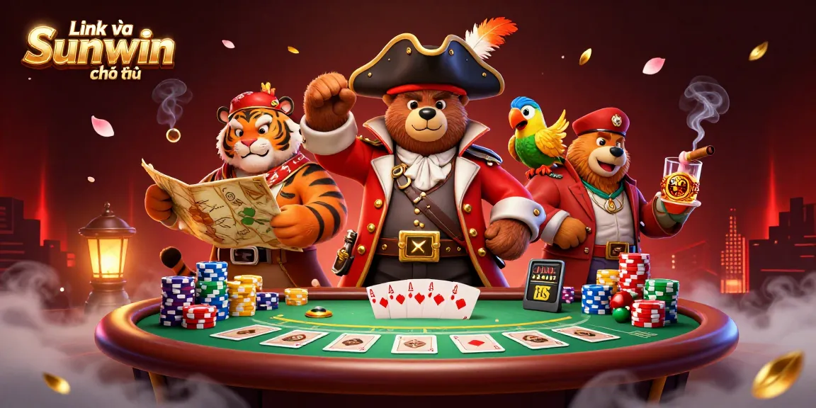 Experience excitement with Link vào Sunwin chính thức in a dynamic scene featuring a pirate bear, tiger, and poker elements.