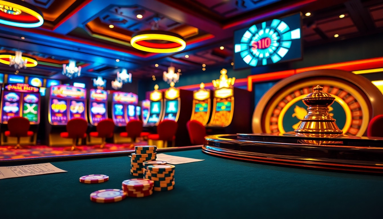 Experience the thrill of slot pulsa in a vibrant casino setting with colorful slot machines.