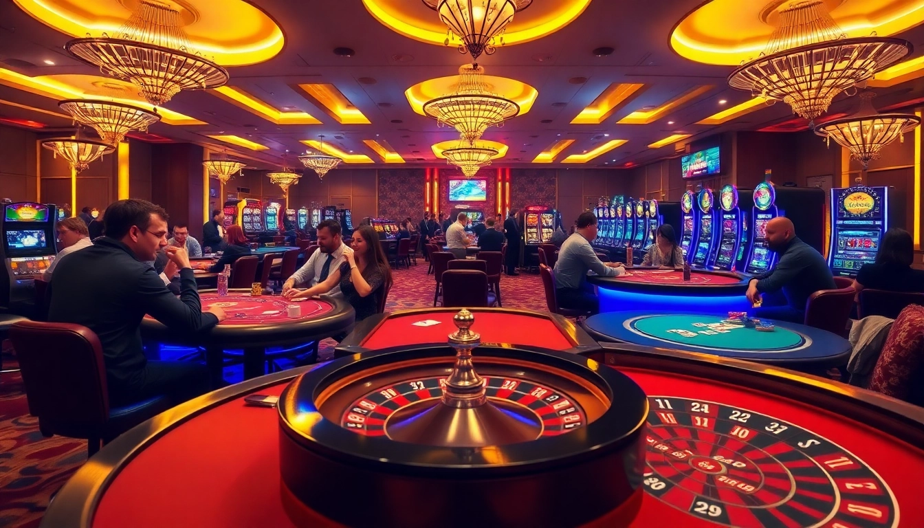 MABAR88 menampilkan suasana kasino yang ramai dengan pemain poker dan meja roulette.