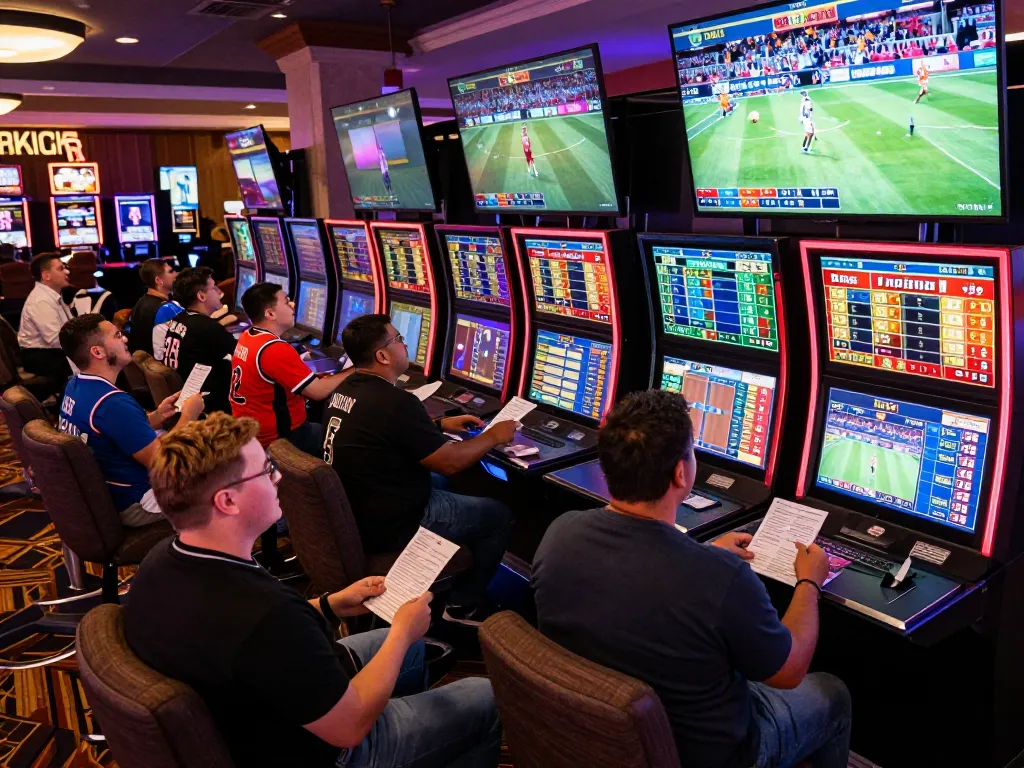CakhiaTV viewers placing bets in an upscale casino sports betting area watching live events on big screens.