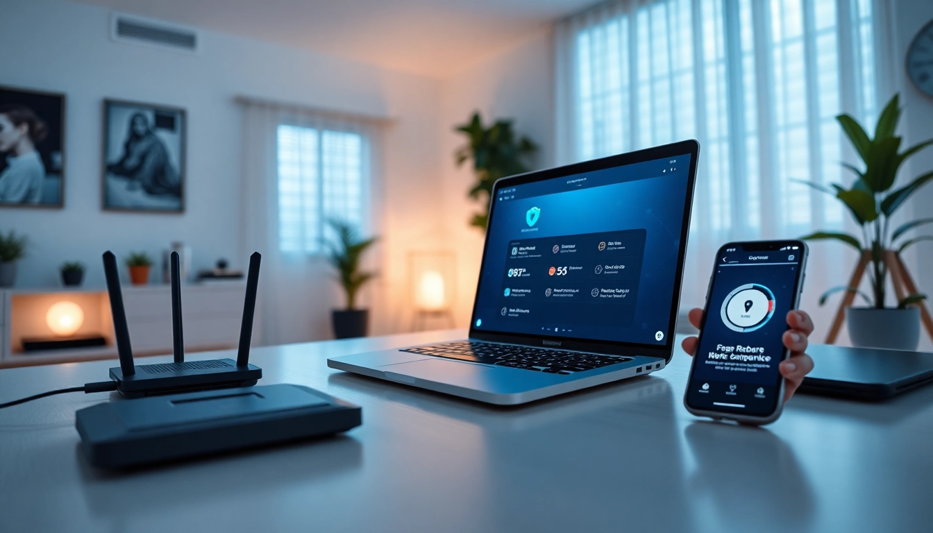快连下载 interface displayed on a laptop in a modern home office setting, showcasing fast and secure VPN connection.