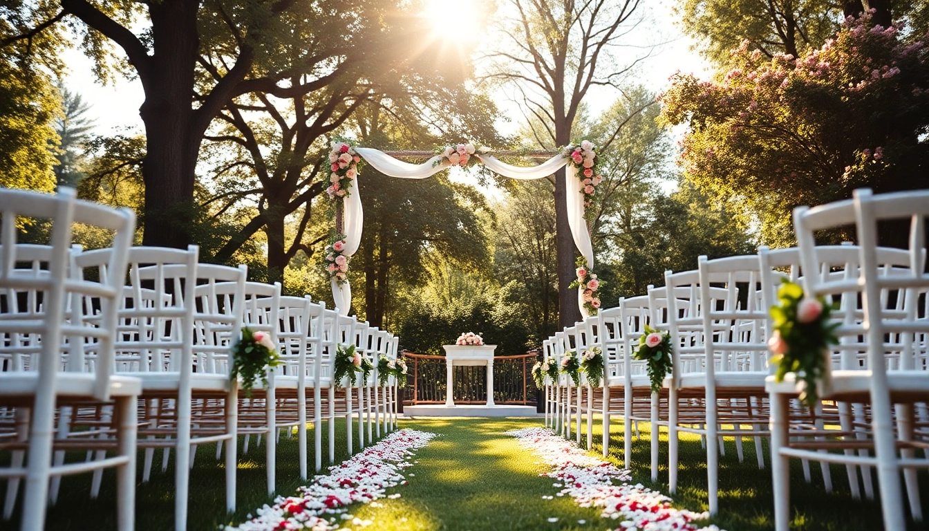 Location Hochzeit: Traumhaft dekorierte Hochzeitslocation im Freien mit wunderschönem Blumenarrangement.