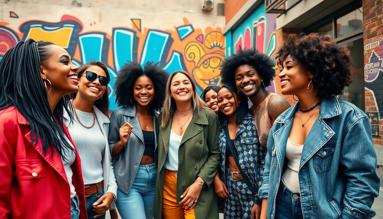Fashionable friends enjoying a vibrant urban scene full of color and style.