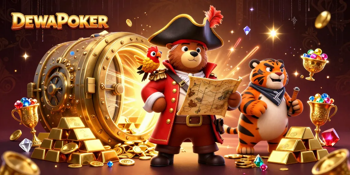 Play thrilling poker games with DEWAPOKER in an engaging treasure-filled scene.