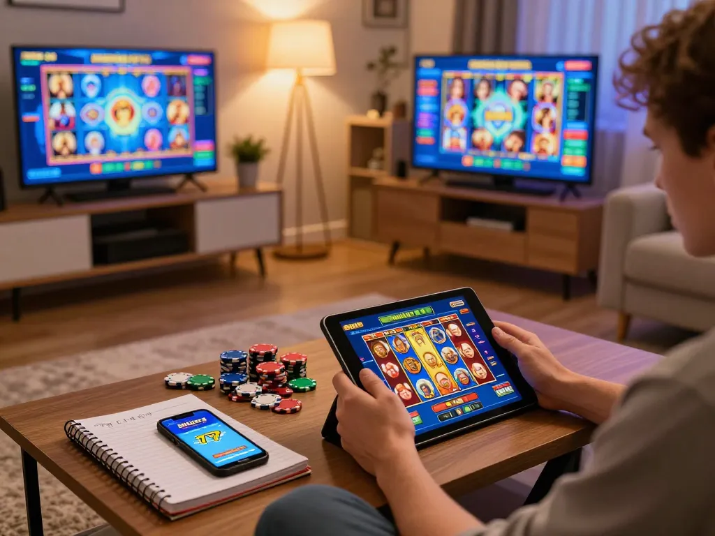 Engaged player interacting with the alexis77 slot app on a tablet at home, showcasing an inviting gaming setup.