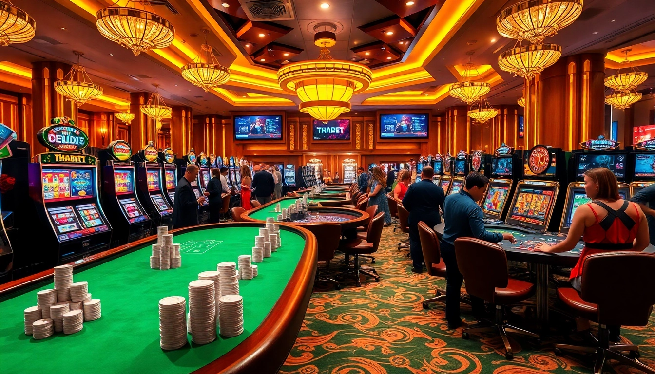 Players enjoying an immersive gambling experience at THABET casino, featuring tables and slot machines.
