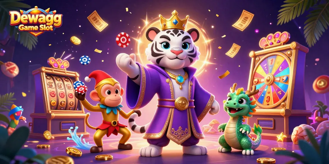 Engage with Dewagg Game Slot in this vibrant 3D scene featuring animated slot reels and lively characters.