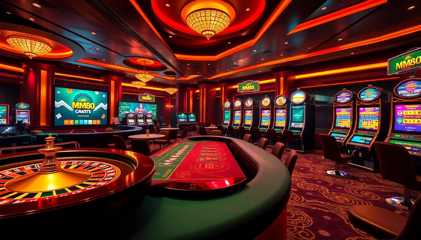 Experience exciting gambling at MM88's luxurious online casino with vibrant slot machines and poker tables.