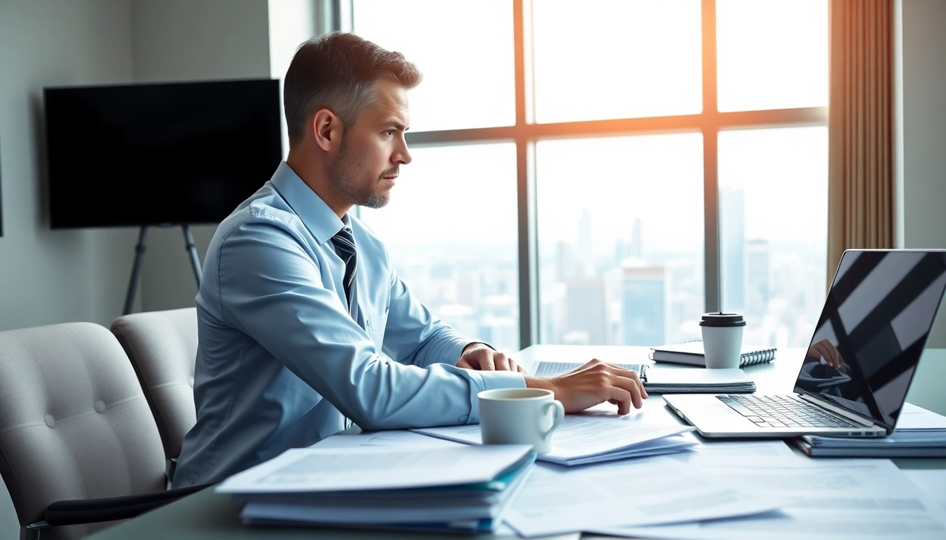 Consultant focusing on contracts and grants in a modern office environment.